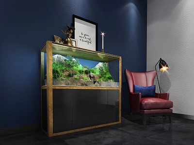 Modern Aquarium Setup With Green Plants Rock Scenery Gold Cabinet Navy Blue Wall Red Armchair 3d model