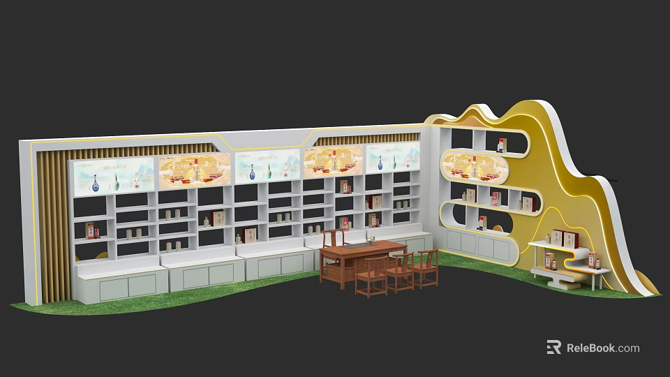 Modern Display Cabinet Interior with Multiple Shelves Books Wooden Table and Yellow Design 3d model 