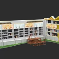 Modern Display Cabinet Interior with Multiple Shelves Books Wooden Table and Yellow Design