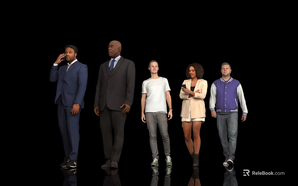 Five People Standing Against Black Background With Different Formal And Casual Clothing In Various Poses 3d model 