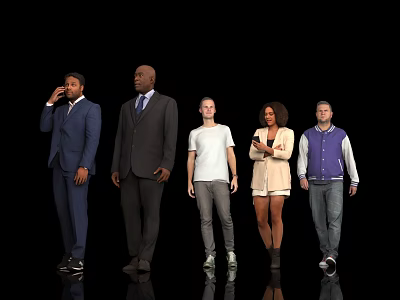 Five People Standing Against Black Background With Different Formal And Casual Clothing In Various Poses 3d model