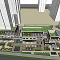 Modern Commercial Street with Stylish Shops Greenery Pedestrian Walkways and High Rise Buildings