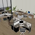 Modern Office Desks In Open Layout With Ergonomic Chairs Monitors And Potted Plants