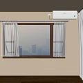 Casement Window With White Curtains Overlooking City View In Beige Wall Room With Wooden Floor