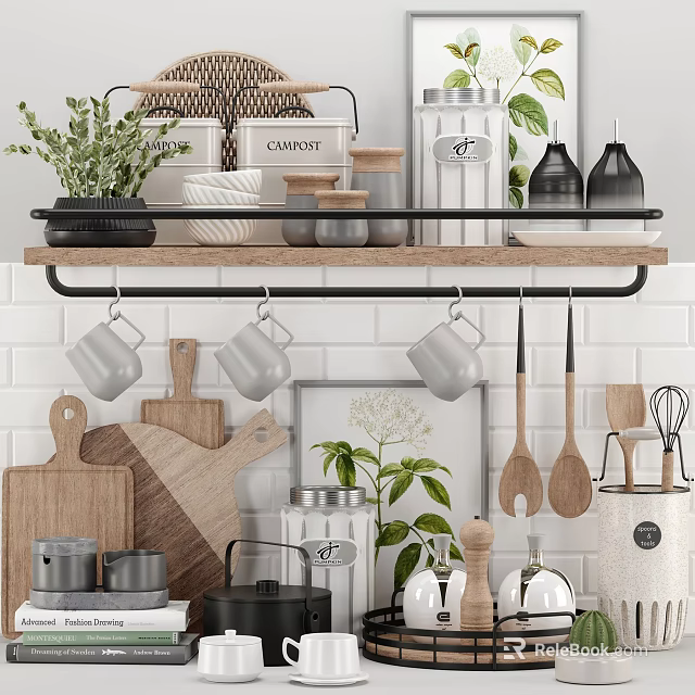 Stylish Kitchen Utensils Display On Wooden Shelf With Hanging Mugs Cutting Boards And Herb Plants 3d model 