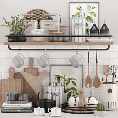 Stylish Kitchen Utensils Display On Wooden Shelf With Hanging Mugs Cutting Boards And Herb Plants 3d model