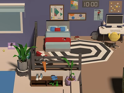 Cartoon Bedroom Scene With Purple Walls Bed Pillows Computer And Black White Rug 3d model