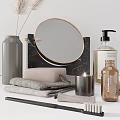 Modern Bathroom Accessories with Mirror Hand Soap Dispensers Towels Vase and Brush on Countertop