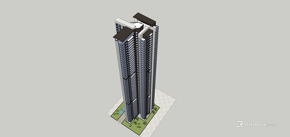 Modern Tall Residential Building With Glass Curtain Walls Green Area And Water Feature 3d model 
