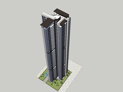 Modern Tall Residential Building With Glass Curtain Walls Green Area And Water Feature 3d model