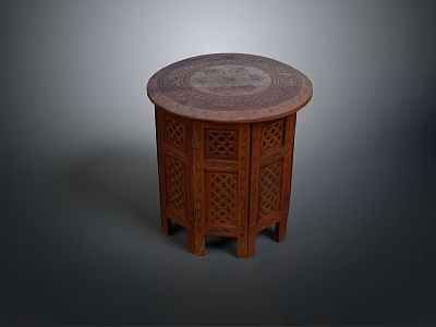 Traditional Wooden Round Dining Table Set With Carved Tabletop And Lattice Side Panels 3d model