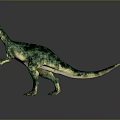 Green And Yellow Colored Dinosaur Model With Open Mouth Standing On Grey Background