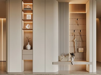 Sleek Modern Shoe Cabinet With Minimalist Design Wooden Finish Hooks Bench And Decorative Lighting 3d model