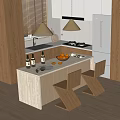 Modern Kitchen Dining Set With Wooden Table Chairs Fruits And Decorative Bottles