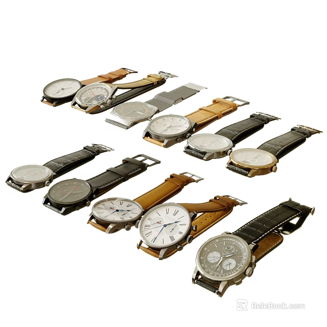 Various Style Watches With Different Colored Straps And Diverse Dial Designs 3d model