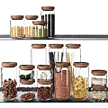 Glass Spice Jars with Wooden Lids Storing Various Spices Grains and Pasta on Kitchen Shelf