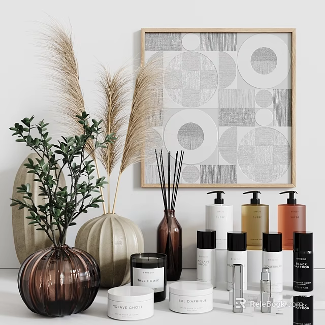 Daily Bath Essentials With Green Plants Reed Diffusers Ceramic Vases And Decorative Art 3d model