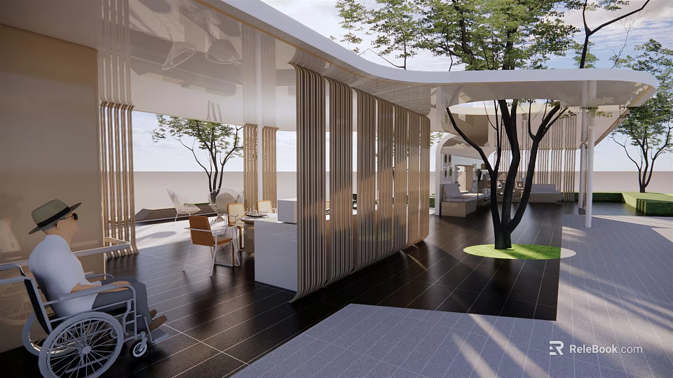 Modern Wooden Pavilion Open Design With Slats Trees Accessible Seating Area And Dark Flooring 3d model 