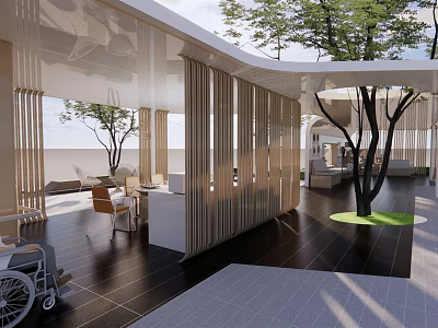 Modern Wooden Pavilion Open Design With Slats Trees Accessible Seating Area And Dark Flooring 3d model