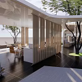 Modern Wooden Pavilion Open Design With Slats Trees Accessible Seating Area And Dark Flooring