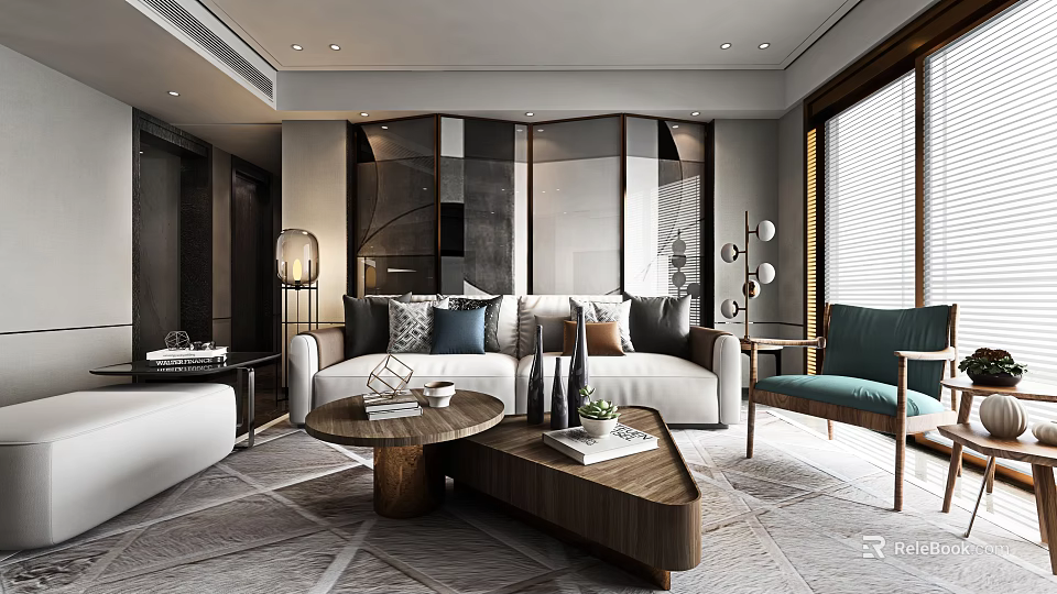 Modern Living Room Interior Design With Sofa Coffee Table Floor Lamp Armchair And Throw Pillows 3d model 