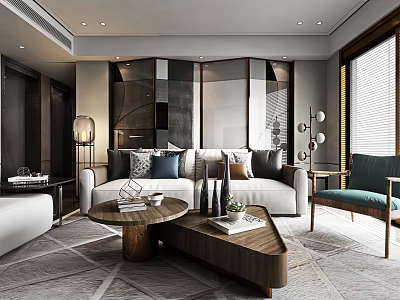 Modern Living Room Interior Design With Sofa Coffee Table Floor Lamp Armchair And Throw Pillows 3d model