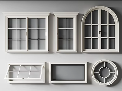 White Frame Casement Windows In Various Designs With Glass Panes And Different Shapes 3d model