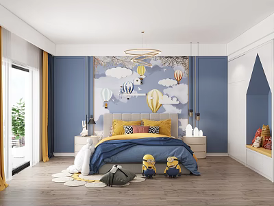 Kids Room Interior with Blue Walls Hot Air Balloon Mural Yellow Bedding and Minion Dolls 3d model