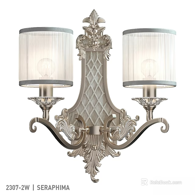 Classic Silver Carved Wall Sconce With Two White Textured Shades 3d model 