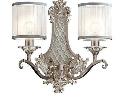 Classic Silver Carved Wall Sconce With Two White Textured Shades 3d model