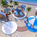 Summer Together Beach Scene With Blue White Umbrellas Palm Trees And Seating