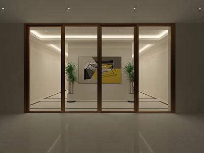 Modern Front Desk Reception Area With Decorative Painting And Potted Plants 3d model