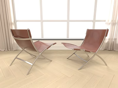 Brown Leather Single Chairs With Metal Frame On Wooden Floor By Large Windows And Curtains 3d model