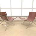 Brown Leather Single Chairs With Metal Frame On Wooden Floor By Large Windows And Curtains