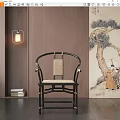 Traditional Chinese Armchair with Black Frame Rattan Seat by Wooden Wall and Traditional Pine Painting
