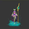 Fantasy Character In Pink Purple Dress With Golden Staff On Blue Cloud Base