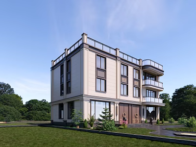 Elegant Multi Story Detached Villa With Balconies Large Windows And Lush Green Surroundings 3d model