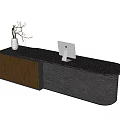 Modern Reception Desk With Dark Stone Countertop Brown Cabinets White Vase Twigs And Computer Monitor