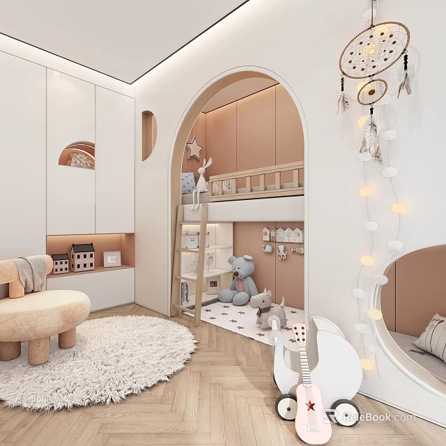 Cozy Kids Room Interior With Arched Doorway Bunk Bed Stuffed Toys And Soft Rug 3d model 