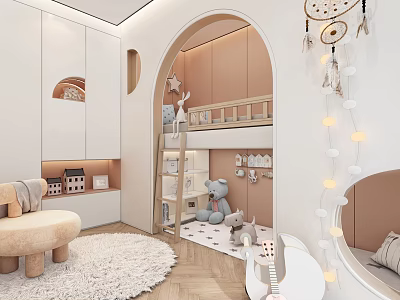 Cozy Kids Room Interior With Arched Doorway Bunk Bed Stuffed Toys And Soft Rug 3d model
