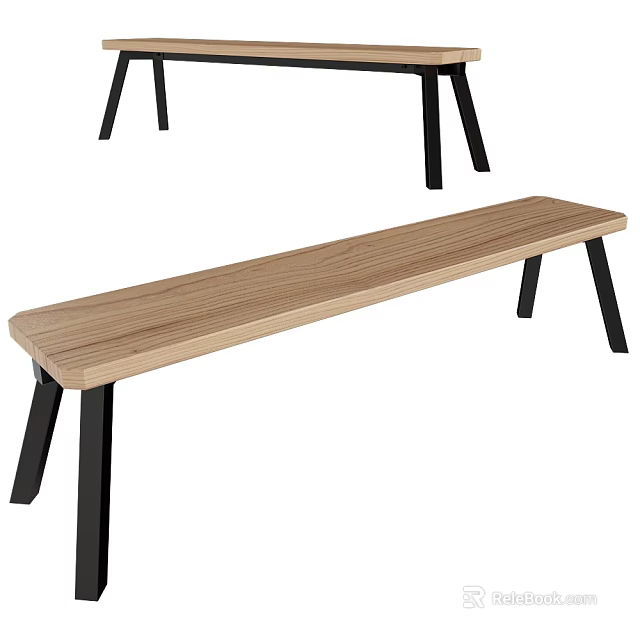 Durable Modern Public Bench Featuring Wooden Seat And Black Metal Legs 3d model 