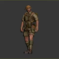 Bearded Military Soldier In Yellow Helmet And Khaki Uniform With Backpack Puttees And Boots