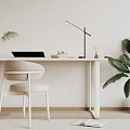 White Writing Desk with Laptop Books Desk Lamp Beige Chair and Plants on Wooden Floor