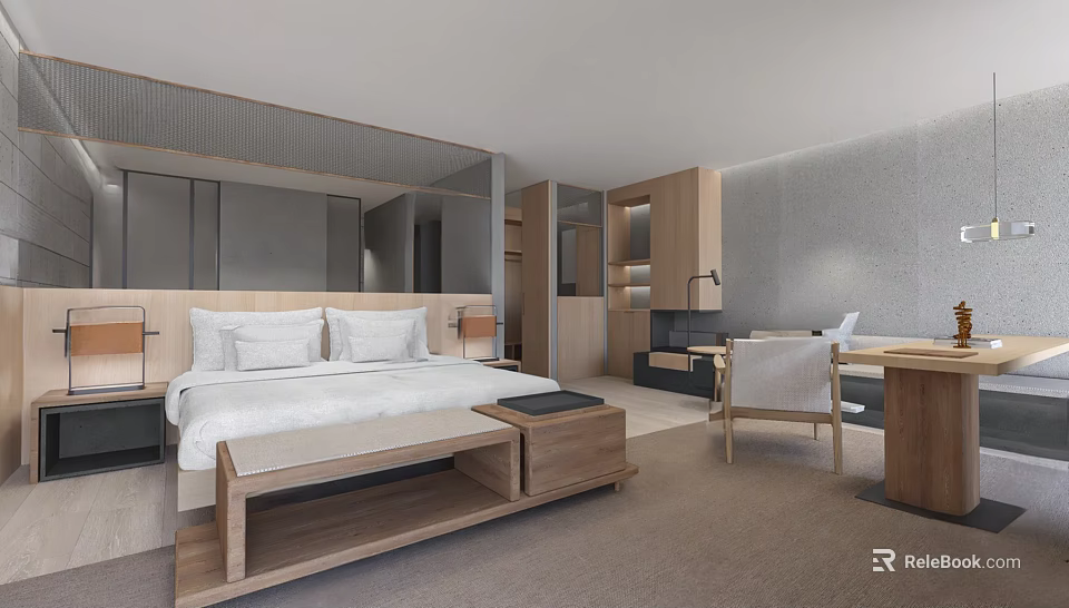 Modern Hotel Room Interior With Wooden Bed Desk Chair And Nightstand 3d model 