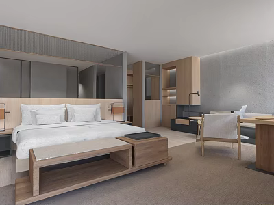 Modern Hotel Room Interior With Wooden Bed Desk Chair And Nightstand 3d model