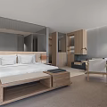 Modern Hotel Room Interior With Wooden Bed Desk Chair And Nightstand