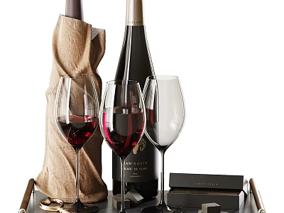 Elegant Wine Bottles And Glasses With Red Wine Filled Empty Glasses Leather Pouch Wooden Tray 3d model
