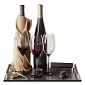 Elegant Wine Bottles And Glasses With Red Wine Filled Empty Glasses Leather Pouch Wooden Tray