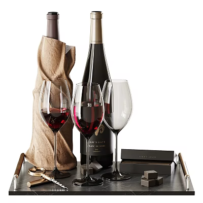 Elegant Wine Bottles And Glasses With Red Wine Filled Empty Glasses Leather Pouch Wooden Tray 3d model