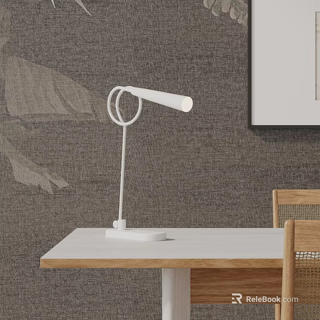 White Modern Desk Lamp On Light Colored Table With Grey Textured Wall And Wooden Chair 3d model 